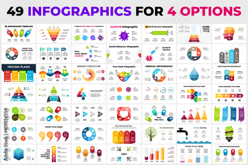 49 Infographics for 4 steps, options, processes. Huge presentation templates Bundle. Timelines, circle diagrams, charts and arrows elements.