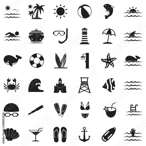 Sea Icons. Black Flat Design. Vector Illustration.