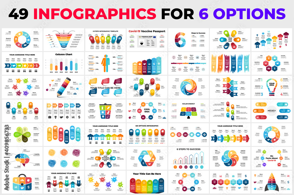 49 different infographics for 6 steps, options. Presentation slide templates. Ready for business, marketing, ecology, medicine or education. 49 different infographics for 6 steps, options. Presentation slide templates. Ready for business, marketing, ecology, medicine or education.
