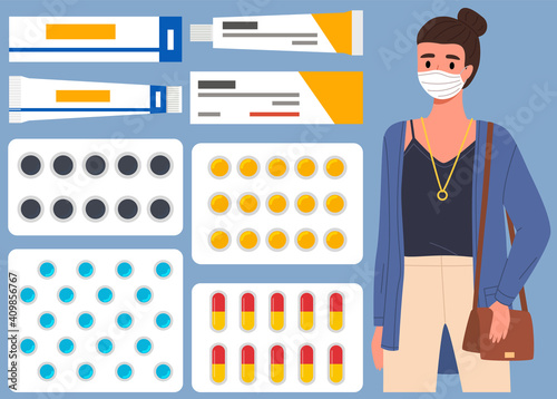 Female character is using a mask. The girl is pictured next to a set of medicines for coronavirus. Various tubes and tablets for treatment, coronavirus, quarantine, self-isolation, pandemic