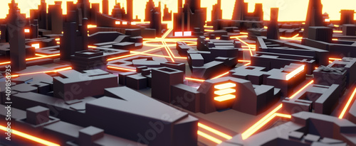 3D Render abstract modern city with neon street lines representing transport, network connections. Business, technology, modern life concept illustration 