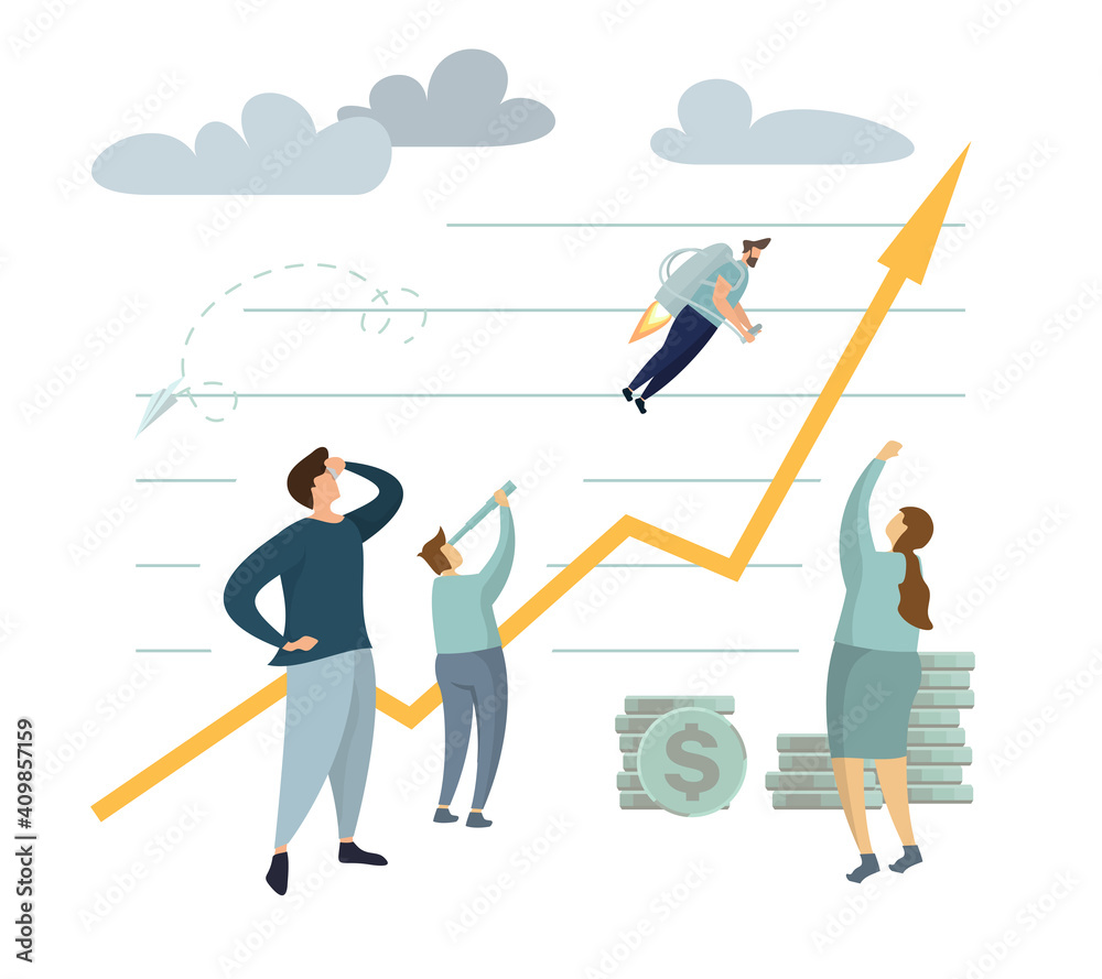 astronaut man takeoff and crew climbs coin chart, investment management, money growth and profit chart, career growth to success, flat color icons, business team analysis, vector illustration