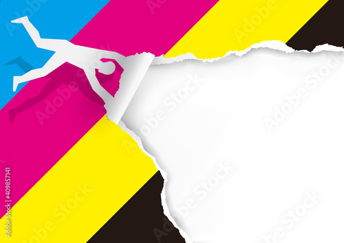 Man blowing in the wind, tearing paper, with print colors, banner template. 
Torn paper illustration. Concept for presenting color printing. Place for your text or image. Vector available.