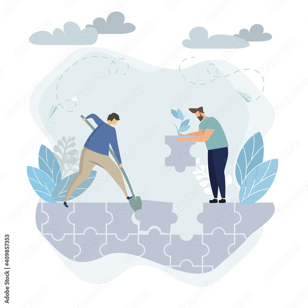 Business puzzle concept. Team work metaphor. people connecting puzzles elements. Vector illustration flat design style. Symbol of teamwork, cooperation, partnership Business puzzle concept. Team work metaphor. people connecting puzzles elements. Vector illustration flat design style. Symbol of teamwork, cooperation, partnership