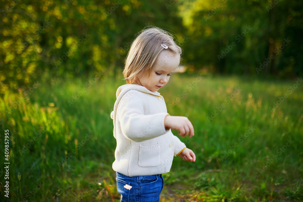 Adorable toddler girl walking in park or forest Adorable toddler girl walking in park or forest