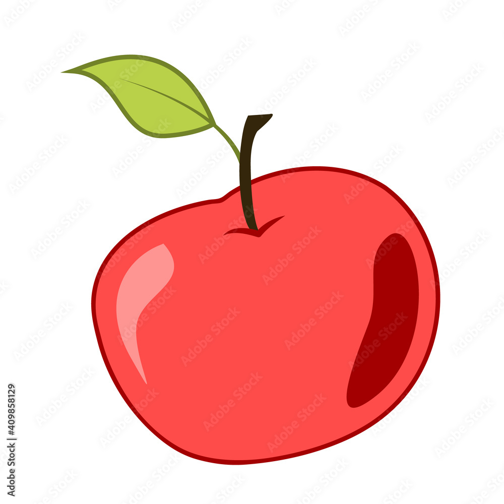 Fototapeta premium Red apple with a stalk and a leaf. Colored isolated object with outline on a white background. Cartoon.