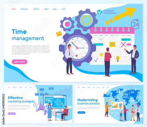Strategic planning and time management business concept webpage set. Modern planning innovations landing page template. Effective marketing strategies, modernising business process, successful project