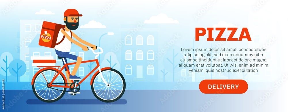 Delivery cyclist. Pizza delivery man on bike - advertising flyer template. Vector illustration.