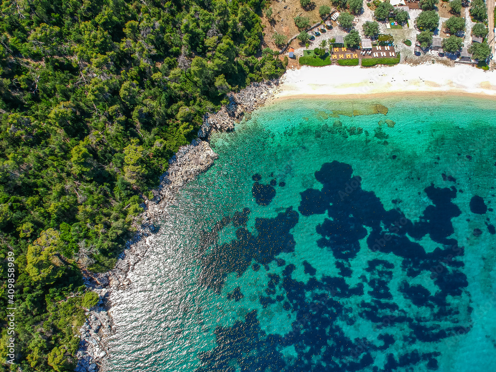 Aerial view over Leftos Gialos beach in Alonnisos island, Sporades, Greece