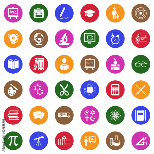 School Icons. White Flat Design In Circle. Vector Illustration.