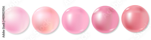 Pink sea pearls collection on white background. Realistic balls or pearl beads set, 3D effect, shades of pink color. Jewel gems vector illustration with natural reflections.