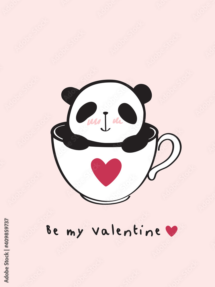 Naklejka premium Greeting card with hand drawn little cute panda and pink heart for Valentine's Day. Be my Valentine. Vector illustration.