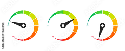 Set of color vector speedometer. Speedometer icon, modern flat design. Rating customer satisfaction. Level indicator. Tachometers. Internet Speed. Speed, power and fuel gauge meter stages. Ratings.