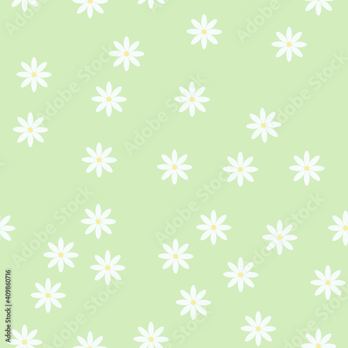 Floral seamless pattern, simple ornament of white daisy flowers in random order on the light green background, repeat vector illustration for textile, gift paper