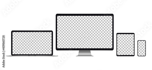 Electronic gadgets. Set of realistic computer monitors, laptops, tablets and mobile phones with tansparent screen on white background. Design smart digital device set. Vector illustration. Eps10
