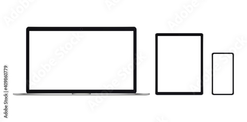 Electronic gadgets. Set of realistic computer monitors, laptops, tablets and mobile phones on white background. Design smart digital device set. Vector illustration. Eps10