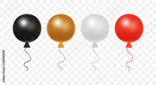 Set of glossy realistic vector colorful balloons isolated on transparent background. Colorful realistic helium balloons for birthday, holiday events, parties, weddings: Black, brown, gray, red colors.