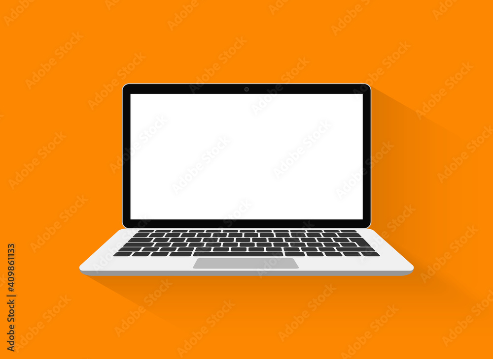 Laptop vector in flat style. Computer with empty screen, blank copy space on computer. Laptop front view. Computer layout in flat style, device screen layout. Vector illustration. Laptop vector in flat style. Computer with empty screen, blank copy space on computer. Laptop front view. Computer layout in flat style, device screen layout. Vector illustration.