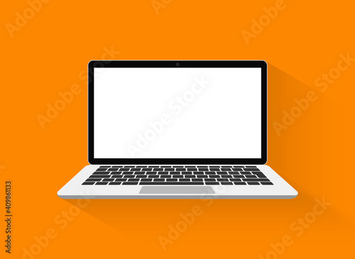Laptop vector in flat style. Computer with empty screen, blank copy space on computer. Laptop front view. Computer layout in flat style, device screen layout. Vector illustration.
