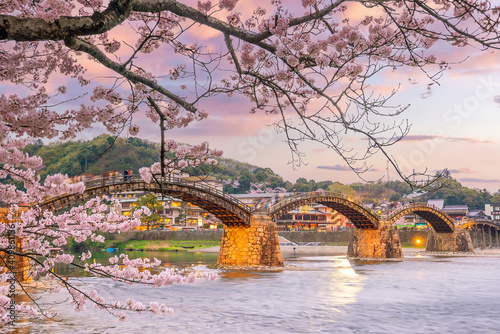 Kintaikyo Bridge in Iwakuni, Japan at  sunset photo