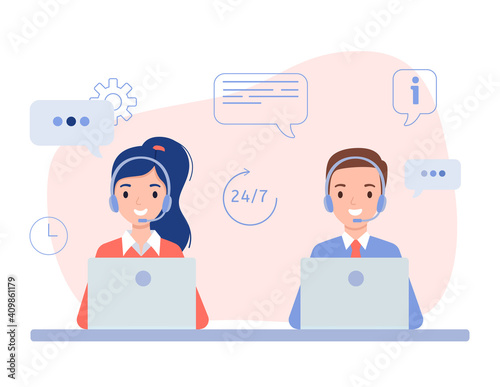 A girl and a guy in headphones, the concept of a call center and online customer support. Vector illustration in flat style.