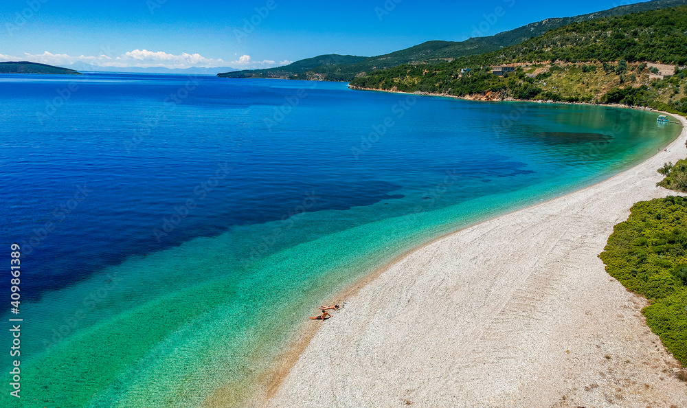 Aerial view of the famous Agios Dimitrios (Saint Demetrios) Beach in Alonnisos island, Sporades, Greece