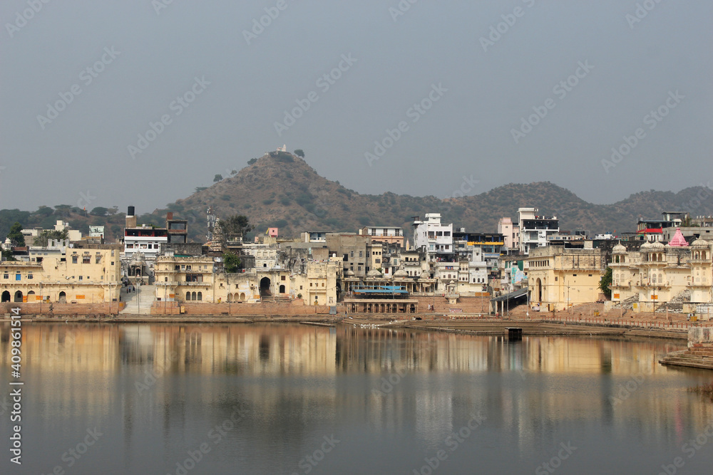 Lake side ghat view of Pushkar, Ajmer, Rajasthan, India.