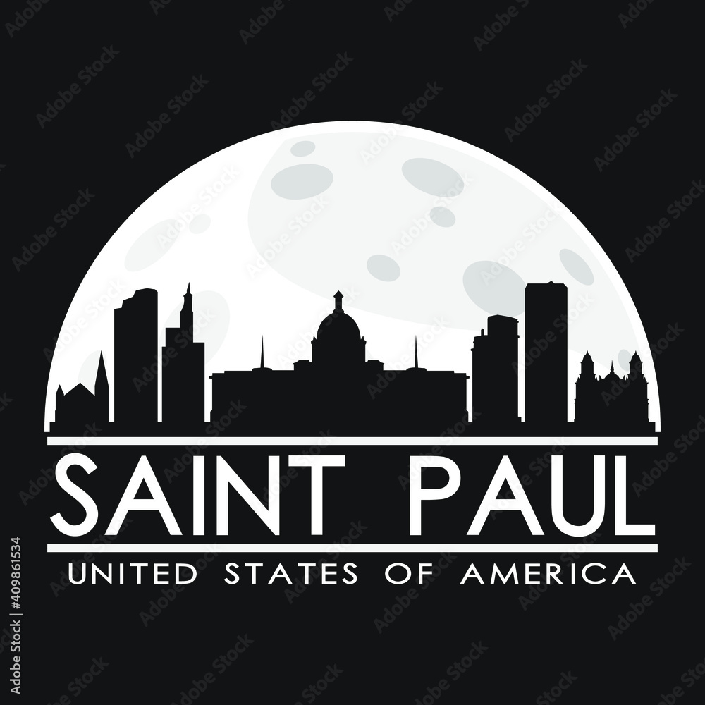 Saint Paul Full Moon Night Skyline Silhouette Design City Vector Art background.