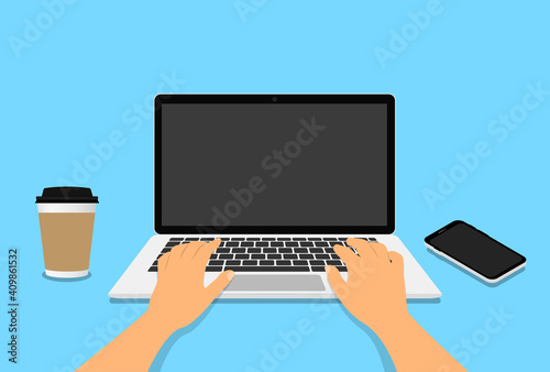 Hands in work at laptop keyboard with blank monitor screen at table. Work place with a glass of coffee, telephone. Vector illustration. EPS 10