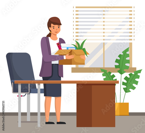 Happy successful young business woman holds a box with her things and going into new office. Dismissed frustrated businesswoman standing at the table in office. New job and dismissal concept