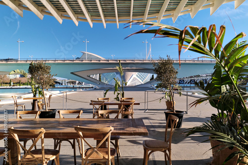 Empty open-air outdoor cafe. Spain