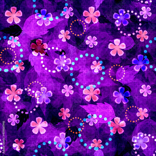 Seamless vivid pattern with bright flowers and abstract leaves