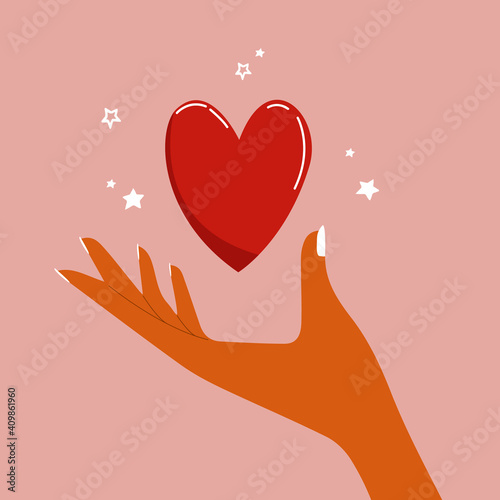Flat vector cartoon illustration of a hand and a floating heart. The concept of charity, donation, or volunteering. Help and support of people. A symbol of health and care.