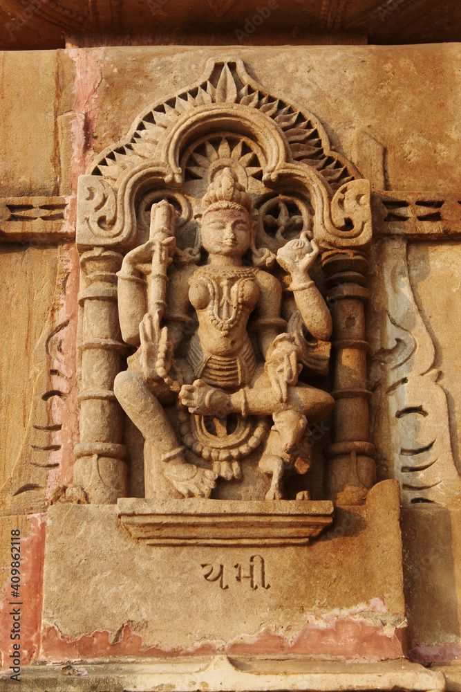 Sculpture of lord yam, Shamlaji temple dedicated to Vishnu or Krishna. Aravali, Gujarat, India.