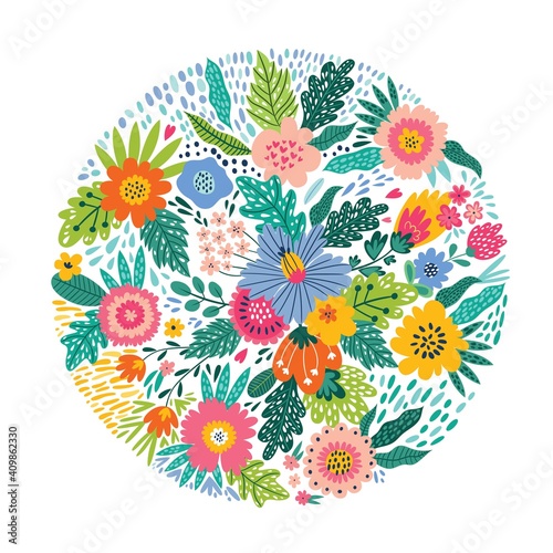 Beautiful cycle made of flowers in vector. Romantic cartoon invitation card. Stylish design element in bright colors.