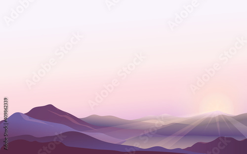 Beautiful landscape of a lake in the mountains at dawn in purple pink tones. Flat travel illustration.