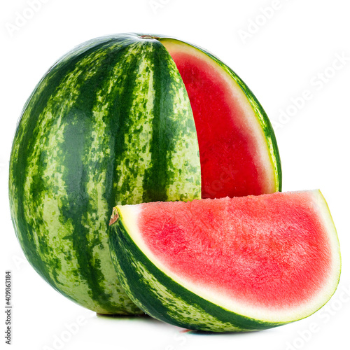 Big watermelon and slice isolated on white background as package design element