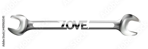 Realistic hand wrench or spanner with caption love isolated on white background. Photo-realistic chrome metal tool. Greeting, Valentines Day. Vector illustration.