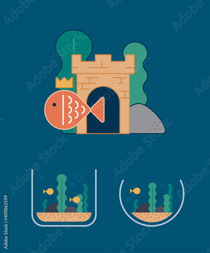 Set of aquarium icons. Logos and stylized fish tanks. A golden fish in a crown in the aquarium castle.