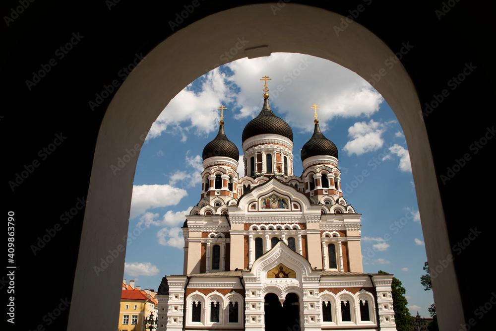 View of the Alexander Nevsky Cathedral in Tallinn through the arch of the Parliament of Estonia.