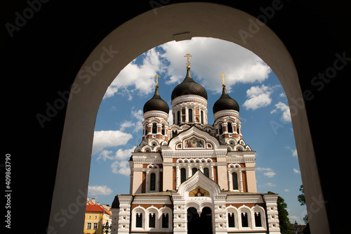 View of the Alexander Nevsky Cathedral in Tallinn through the arch of the Parliament of Estonia.