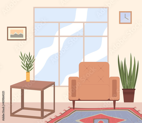 Flat illustration of home interior. Cozy place of the room near big window with armchair and small table with a vase and plant in a pot. Living room with a place for tea and family gatherings