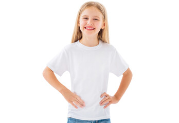 Cute little girl in white t-shirt, blamk for your design isolated on a white background