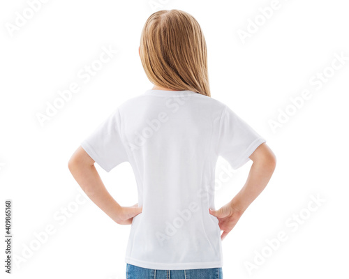 Картината върху платно Kid girl in white blank t-shirt space for text, back view isolated on a white ba