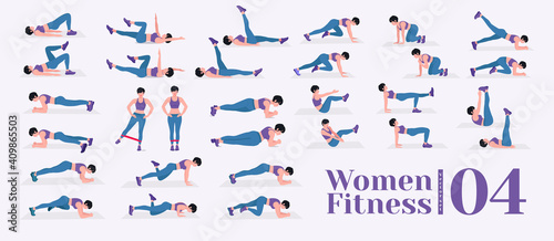 Women Workout Set. Women doing fitness and yoga exercises. Lunges, Pushups, Squats, Dumbbell rows, Burpees, Side planks, Situ ps, Glute bridge, Leg Raise, Russian Twist, Side Crunch .etc