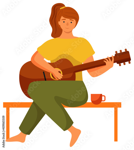 Woman is playing the guitar sitting on the bench. The musician isolated on white background. Female character makes music at home. Person stays at home, daily life routine, hobby time relaxing