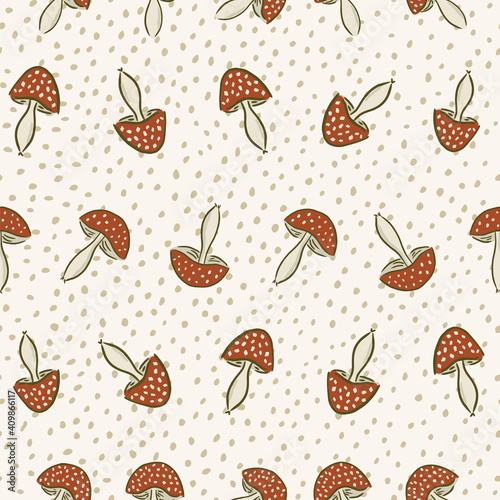 Seamless vector pattern with mushrooms and plants for decoration, textile, stationery, fabric