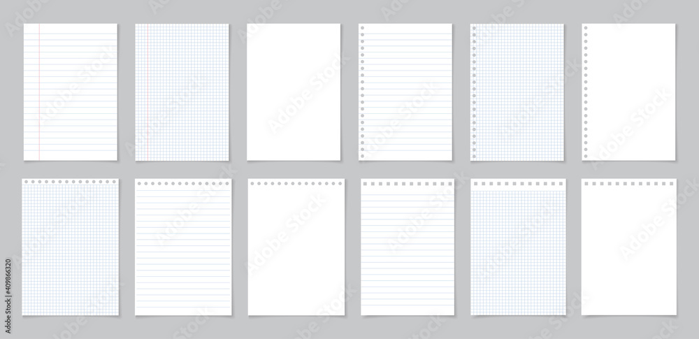 Paper with line and grid. Page of school notebook. White sheet for note. Notepad with texture. Template of notepaper isolated on gray background. Blank letter of diary for homework, write. Vector - obrazy, fototapety, plakaty 