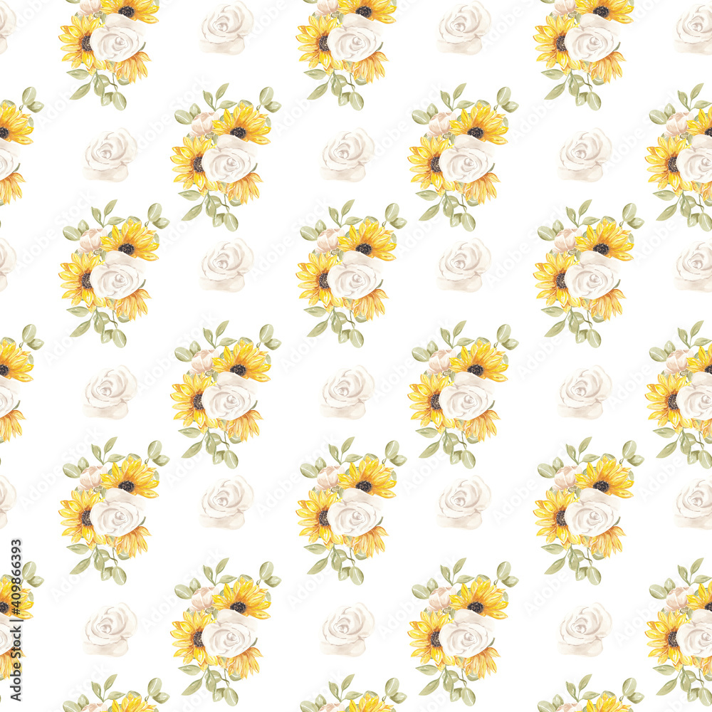 Obraz premium Watercolor sunflower seamless pattern. sunflower background