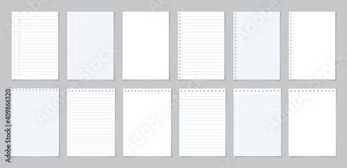 Paper with line and grid. Page of school notebook. White sheet for note. Notepad with texture. Template of notepaper isolated on gray background. Blank letter of diary for homework, write. Vector photo